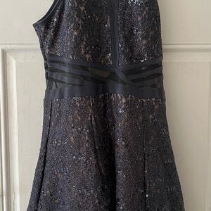 Morgan & Co. Fit & Flare Lace Dress Charcoal Nude Sequin Size 13 Halter